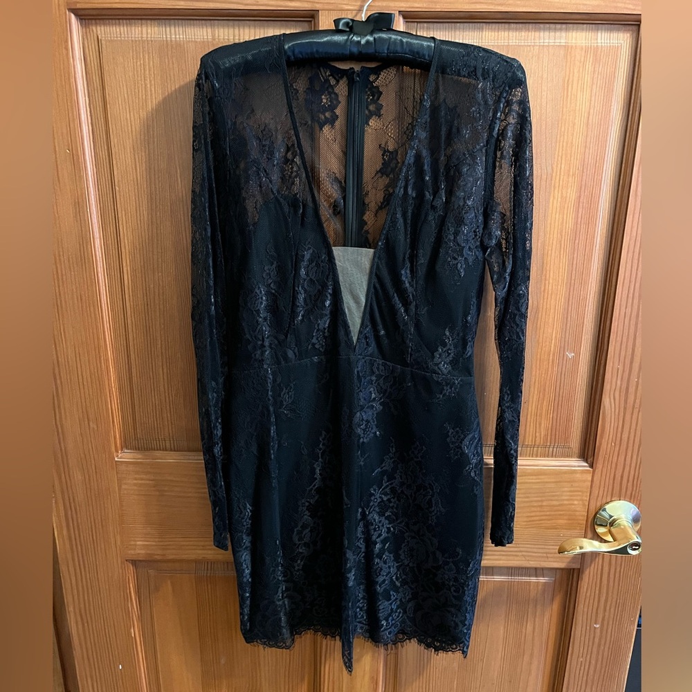 NBD black lace long sleeve deep V mini dress